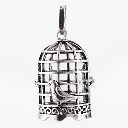 Honeyhandy Rack Plating Brass Cage Pendants, For Chime Ball Pendant Necklaces Making, Birdcage, Antique Silver, 38x26x22mm, Hole: 4x8mm, inner measure: 18x23mm