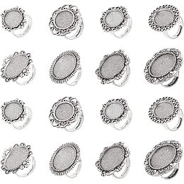 SUNNYCLUE 16Pcs 8 Styles Antique Silver Adjustable Blank Flower Cabochon Ring Settings Flat Ring & Oval Ring Components Bezel Setting Trays for Women DIY Ring Jewellery Making Crafts