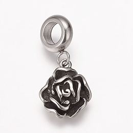 Honeyhandy 304 Stainless Steel European Dangle Charms, Large Hole Pendants, Rose Flower, Antique Silver, 24mm, Hole: 5mm, Pendant: 14x12x4mm