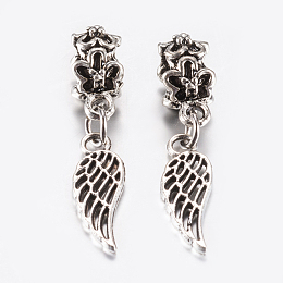 Honeyhandy Tibetan Style Alloy European Dangle Charms, Large Hole Pendants, Feather, Antique Silver, 33mm, Pendant: 18x6.5x1.5mm, Hole: 5mm