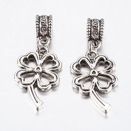 Honeyhandy Tibetan Style Alloy European Dangle Charms, Large Hole Pendants, Hollow Clover, Antique Silver, 34mm, Pendant: 24.5x14.5mm, Hole: 4.5mm