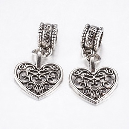 Honeyhandy Tibetan Style Alloy European Dangle Charms, Large Hole Pendants, Hollow Heart, Antique Silver, 28mm, Pendant: 16.5x15x1.5mm, Hole: 4.5mm