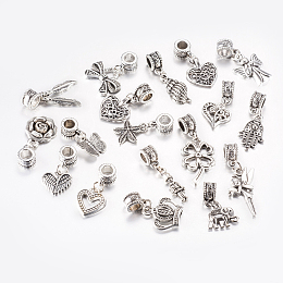 Honeyhandy Tibetan Style Alloy European Dangle Charms, Large Hole Pendants, Mixed Shapes, Antique Silver, 22~35mm, Pendant: 12~25x4~18.5x1.5~4mm, Hole: 4.5~5mm