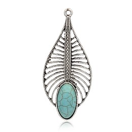 Honeyhandy Antique Silver Plated Leaf Alloy Synthetic Turquoise Big Pendants, Dyed, Sky Blue, 61x27x6mm, Hole: 2mm