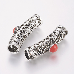 Honeyhandy Tibetan Style Alloy Hollow Tube Beads, with Resin Cabochon, Red, 40x10x12mm, Hole: 7.5mm