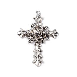 Honeyhandy Alloy Pendants, Cadmium Free & Lead Free, Cross with Rose Charm, Antique Silver, 55x39.5x6.5mm, Hole: 3mm