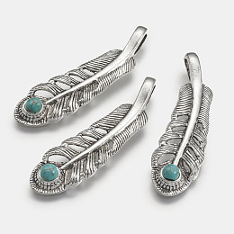 Honeyhandy Tibetan Style Alloy Big Pendants, with Synthetic Turquoise, Feather, Antique Silver, 57x15.5x6mm, Hole: 4x9mm