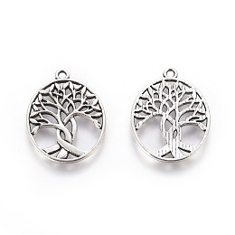 Honeyhandy Tibetan Style Zinc Alloy Pendants, Oval with Tree of Life, Antique Silver, 31.5x23.5x1.5mm, Hole: 1.5mm