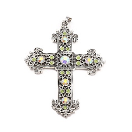 Honeyhandy Alloy Rhinestone Big Pendants, Cross, Antique Silver, Crystal AB, 87.5x67x6mm, Hole: 9x6.6mm