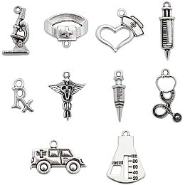 PandaHall Elite 120pcs 10 Style Medical Nurse Charms Antique Silver Stethoscope Syringe Nurse Cap Hat Charms for DIY Necklace Bracelet Jewelry Making Crafting