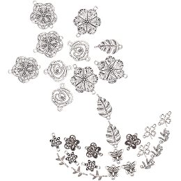 SUNNYCLUE 1 Box 100Pcs 10 Styles Connector Charms Findings Flower Leaf Butterfly Alloy Links Linking Rings Craft Supplies for DIY Jewelry Bracelet Earring Making Accessories, Antique Silver