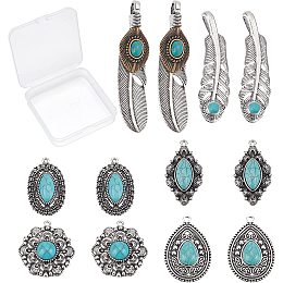 SUNNYCLUE 1 Box 12Pcs 6 Styles Synthetic Turquoise Charms Alloy Feather Teardrop Flower Tibetan Style Vintage Antique Silver Pendants for Jewelry Making Charms Bracelets Necklaces Supplies