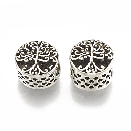 Honeyhandy Tibetan Style Alloy Beads, Hollow, Large Hole Beads, Flat Round with Tree of Life, Antique Silver, 12x11x9mm, Hole: 5.5mm