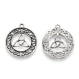 Honeyhandy Tibetan Style Alloy Pendants, Cadmium Free & Lead Free, Flat Round with Trinity Knot, Antique Silver, 32.5x28.5x2mm, Hole: 2mm