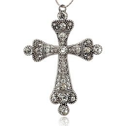 Honeyhandy Antique Silver Alloy Rhinestone Cross Big Pendants, Crystal, 101x71x6mm, Hole: 4mm