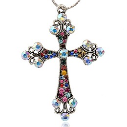 Honeyhandy Alloy Rhinestone Big Pendants, Latin Cross Clenchee, Antique Silver, Colorful, 73x51x5mm, Hole: 3mm