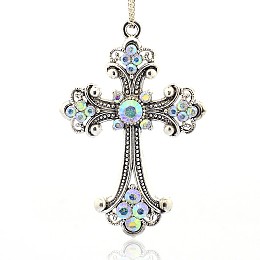 Honeyhandy Antique Silver Tone Alloy Rhinestone Cross Big Pendants, Crystal AB, 75x50x6mm, Hole: 3.5mm