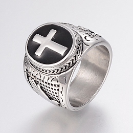 Honeyhandy 304 Stainless Steel Finger Rings, with Enamel, Wide Band Rings, Cross, Antique Silver, 17~22mm