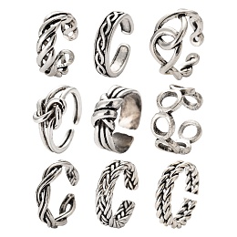 Honeyhandy 9Pcs 9 Style Alloy Cuff Finger Rings, Open Rings, Antique Silver, 5~12mm, Inner Diameter: 16~18mm, 1pc/style