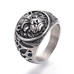 Honeyhandy 304 Stainless Steel Signet Rings for Men, Wide Band Finger Rings, Flat Round with Lion, Antique Silver, Size 7~12, 17~22mm