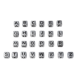 Honeyhandy Plated Acrylic Beads, Horizontal Hole, Cube with Letter, Antique Silver, 6mm, Hole: 3mm, 26 letters, 10g/letter, about 55pcs/letter, about 1430pcs/set