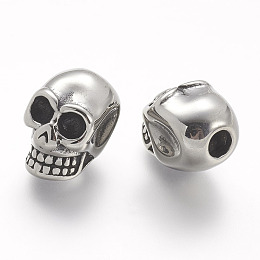 Honeyhandy 304 Stainless Steel European Beads, Skull, Large Hole Beads, Antique Silver, 17x11x13mm, Hole: 4mm