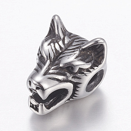 Honeyhandy 304 Stainless Steel Beads, Wolf Head, Antique Silver, 14x11x11mm, Hole: 2mm