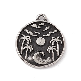 Honeyhandy 304 Stainless Steel Pendants, Flat Round with Beach, Antique Silver, 22x19x2mm, Hole: 1.6mm