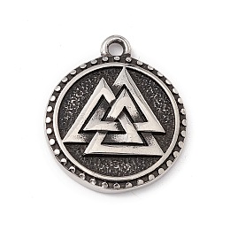 Honeyhandy 304 Stainless Steel Pendants, Viking Valknut Symbol, Flat Round with Triangle, Antique Silver, 25x21x3mm, Hole: 2mm