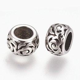 Honeyhandy 304 Stainless Steel European Beads, Large Hole Beads, Flat Round, Antique Silver, 8x5mm, Hole: 4.5mm