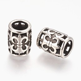 Honeyhandy 304 Stainless Steel Beads, Large Hole Beads, Column with Fleur De Lis, Antique Silver, 12x9mm, Hole: 6mm