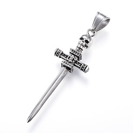 Honeyhandy 316 Surgical Stainless Steel Big Pendants, Sword with Skull, Antique Silver, 58x20x7mm, Hole: 7x10mm