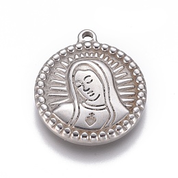 Honeyhandy 304 Stainless Steel Pendants, Flat Round with Virgin Mary, Antique Silver, 21x18x3mm, Hole: 1.6mm