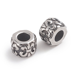 Honeyhandy 304 Stainless Steel Beads, Large Hole Beads, Column with Fleur De Lis, Antique Silver, 9x6.5mm, Hole: 4.5mm