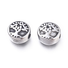 Honeyhandy 304 Stainless Steel Beads, Flat Round with Tree of Life, Antique Silver, 10x5.5mm, Hole: 1.8mm