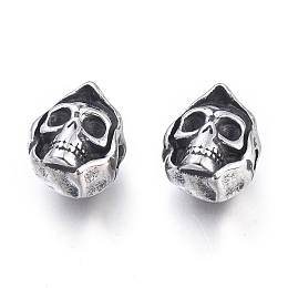 Honeyhandy Halloween 304 Stainless Steel Beads, Skull Head, Antique Silver, 13x10.5x9mm, Hole: 2mm