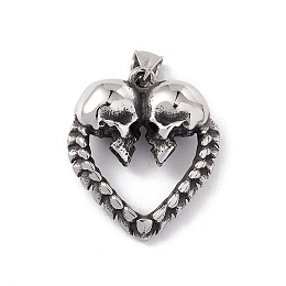 Honeyhandy 304 Stainless Steel Manual Polishing Pendants, Heart with Skull, Antique Silver, 36.5x32x12mm, Hole: 4x8.5mm