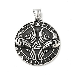 Honeyhandy Viking 304 Stainless Steel Manual Polishing Pendants, Flat Round with Crow & Valknut & Helm of Awe, Antique Silver, 44x38.5x4.5mm, Hole: 4x8.5mm