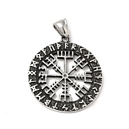 Honeyhandy 304 Stainless Steel Manual Polishing Pendants, Flat Round with Vegvisir Charms, Antique Silver, 40x36x2.5mm, Hole: 4x7.5mm