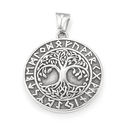 Honeyhandy 304 Stainless Steel Pendants, Flat Round with Tree of Life & Rune Pattern, Antique Silver, 39x35x5mm, Hole: 4x7mm