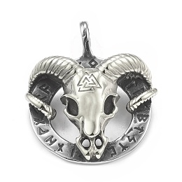 Honeyhandy 304 Stainless Steel Pendants, Sheep with Valknut & Rune Pattern, Antique Silver, 47x39.5x11mm, Hole: 6x8.5mm