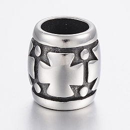 Honeyhandy 304 Stainless Steel Beads, Large Hole Beads, Barrel with Cross, Antique Silver, 14x13mm, Hole: 8.5mm