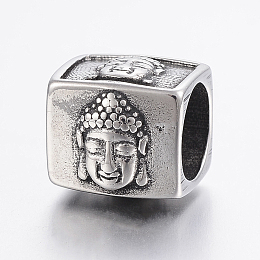 Honeyhandy 304 Stainless Steel Beads, Large Hole Beads, Cube with Buddha, Antique Silver, 12x13x11mm, Hole: 8mm