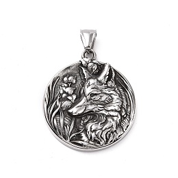 Honeyhandy 304 Stainless Steel Pendants, Flat Round with Wolf, Antique Silver, 41x36x5mm, Hole: 5x8.5mm