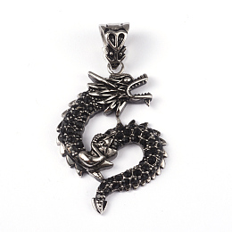 Honeyhandy 316 Surgical Stainless Steel Rhinestone Pendants, Dragon, Antique Silver, 41.5x26x4mm, Hole: 9.5x4.5mm