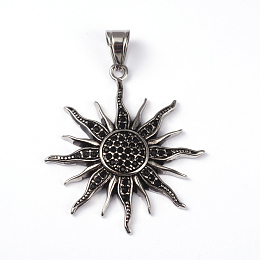 Honeyhandy 316 Surgical Stainless Steel Big Pendants, Sun, with Rhinestones, Antique Silver, 50x44x5.5mm, Hole: 10x6mm