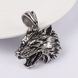 Honeyhandy 316 Surgical Stainless Steel Pendants, Wolf, Antique Silver, 29x34x8mm, Hole: 7x12mm