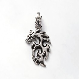 Honeyhandy Trendy Vintage 304 Stainless Steel Rhinestone Pendants, Dragon, Antique Silver, 41x23x3.5mm, Hole: 12x7mm