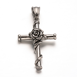 Honeyhandy 304 Stainless Steel Gothic Pendants, Cross with Flower, Antique Silver, 40.5x25.5x8mm, Hole: 9x5mm