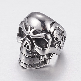 Honeyhandy 304 Stainless Steel Beads, Skull, Large Hole Beads, Antique Silver, 15x11x14mm, Hole: 8mm